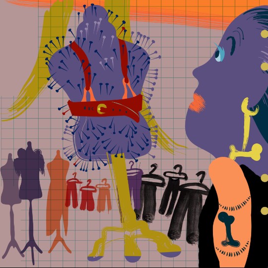 Illustration med sydockor, galjar och ett ansikte i lila
