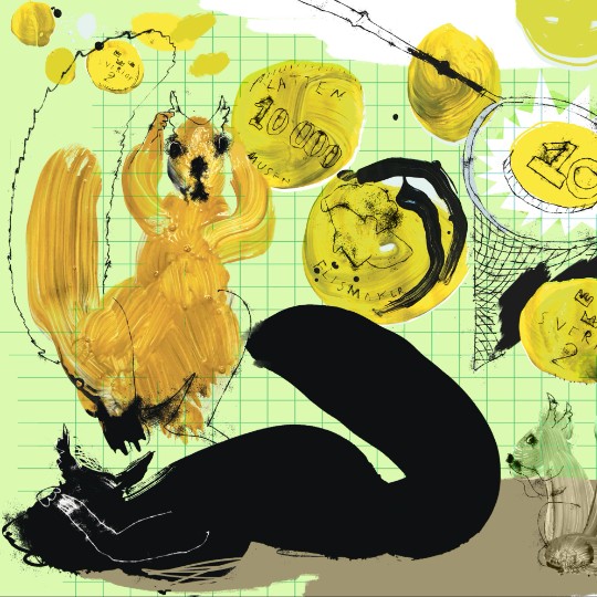 Illustration i grönt, svart och senapsgult på en katt och en ekorre