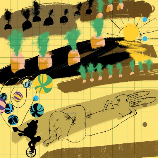 Illustration i gult, grönt och svart med en kanin, morötter och bollar